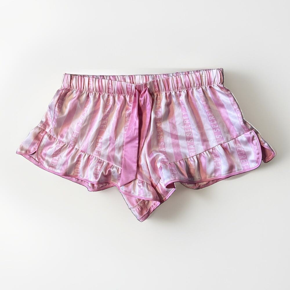 Victoria's Secret Sz S Pink Satin Ruffle Shorts Coquette Barbiecore Logo Stripe